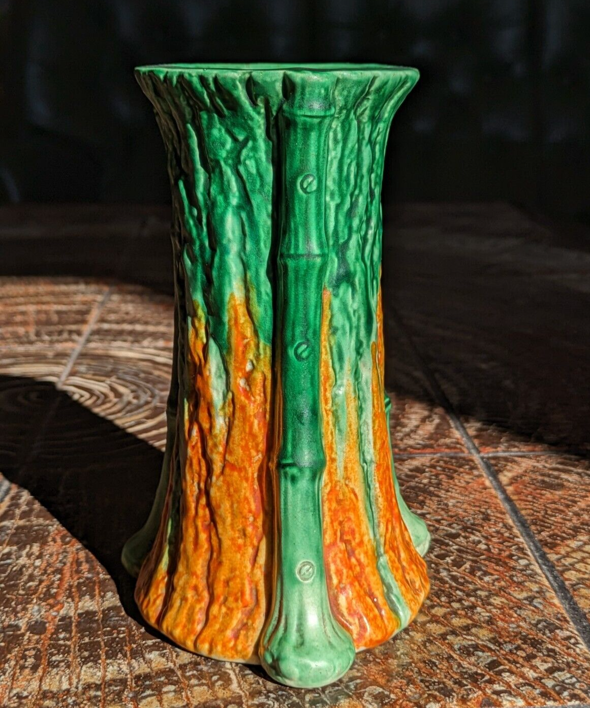 Rare Early 20th Century Antique Bretby Pottery Tree Trunk Vase Orange & Green