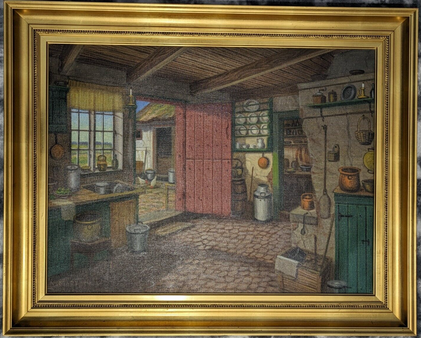 Niels Martoft 1878 Antique 20th Century Danish Oil Painting Farmhouse Interior