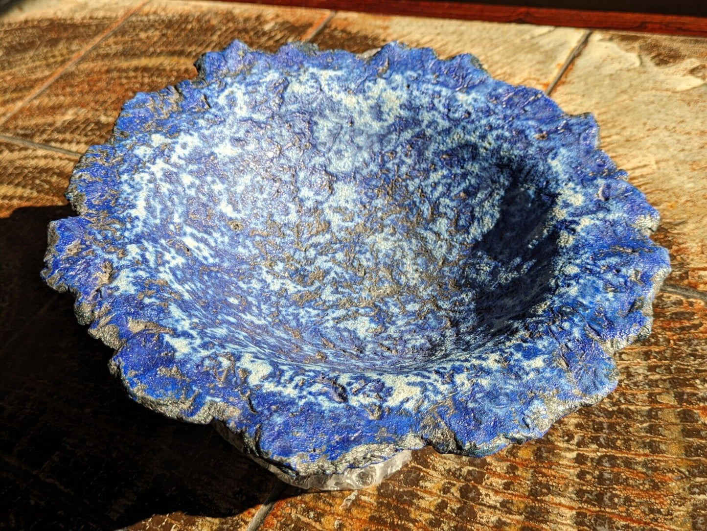 Superb Volcanic Textured Studio Art Pottery Signed Blue Bowl Vintage Lava Glaze