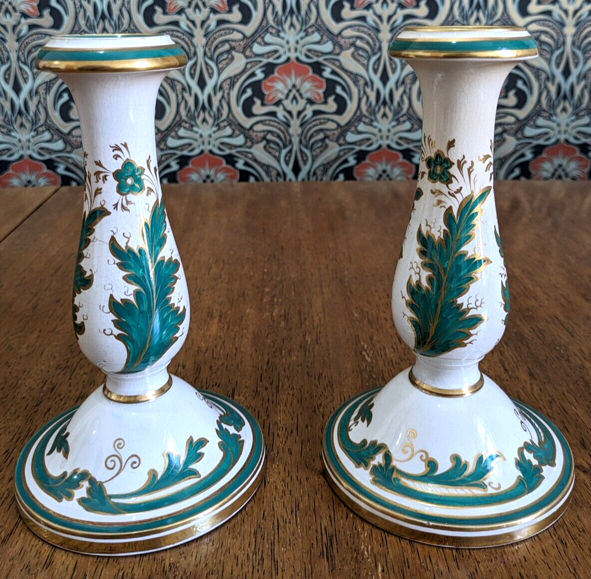 Mid 19th Century Victorian Green White Ceramic Candlestick Holders / Oil Lamps