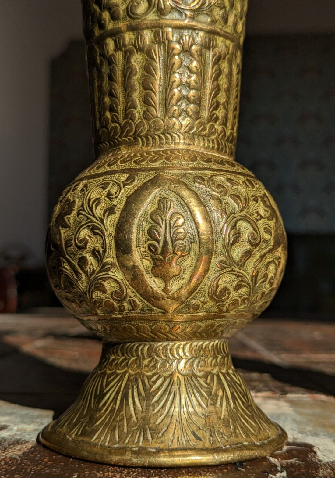 19th Century Pair of Indo Persian Engraved Brass Trumpet Vases Antique 26 cm