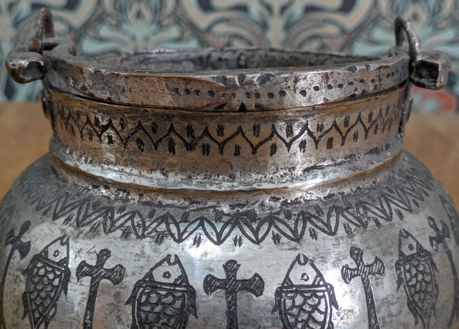 18th Century Ottoman Greek Engraved Fish Christian Tinned Copper Cauldron Pot