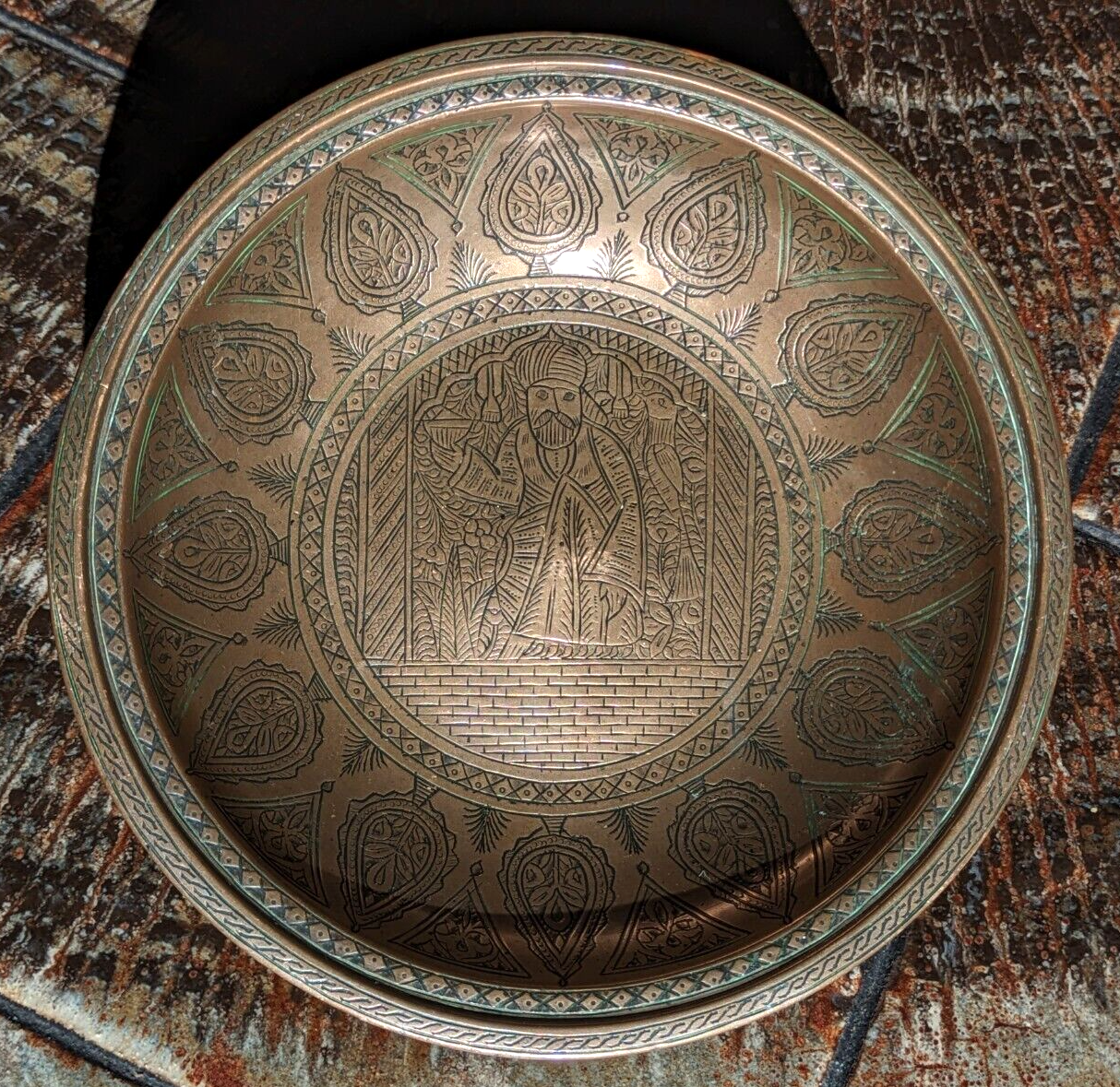 19th Century Persian Qajar Dynasty Engraved Bronze / Copper Bowl Dish Antique