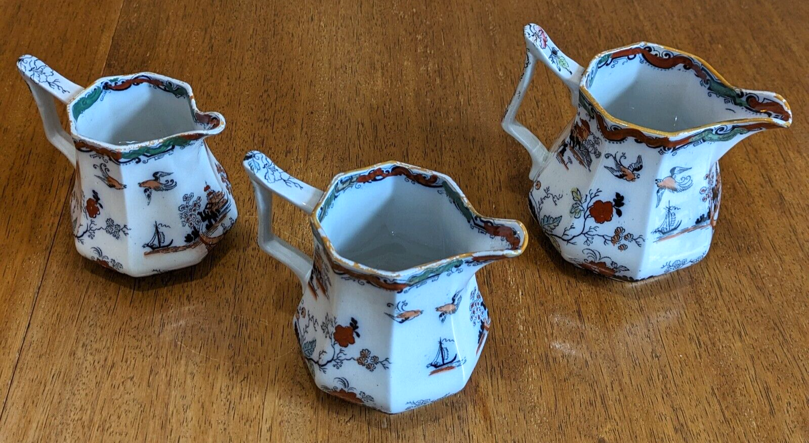 19th Century Chinoiserie Graduated Trio Masons Ironstone Pitcher Jugs Antique