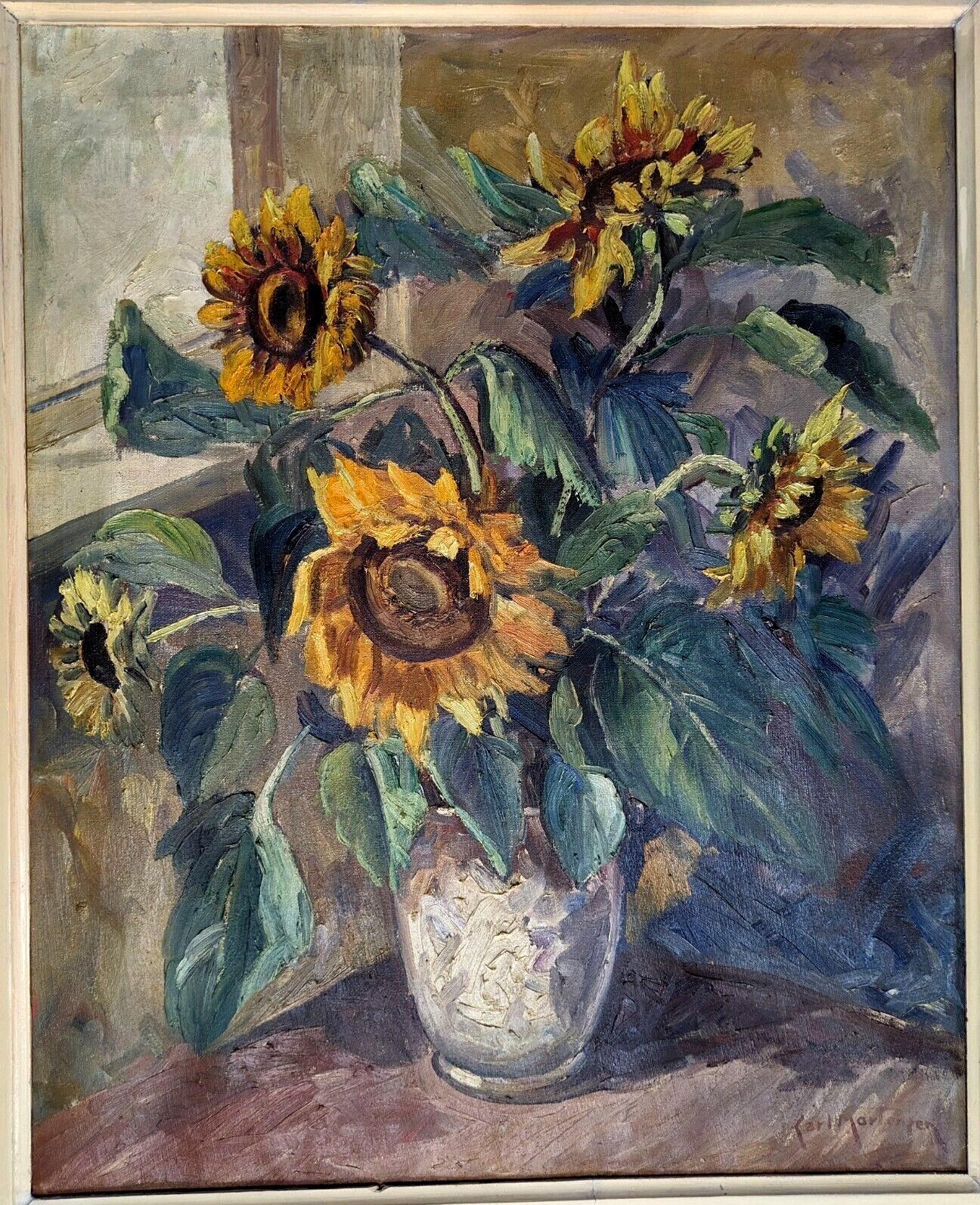 Carl Mortensen 1861 Danish Antique Vintage Sunflower Still Life Oil Painting Art