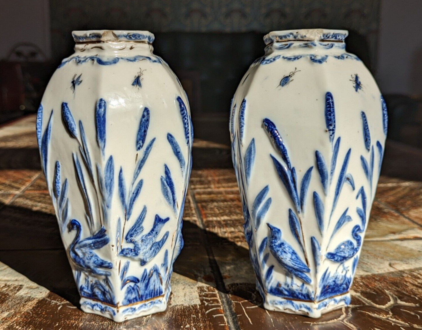 Rare Pair of German Sitzendorf Blue & White Porcelain Ceramic Insects Bird Vases