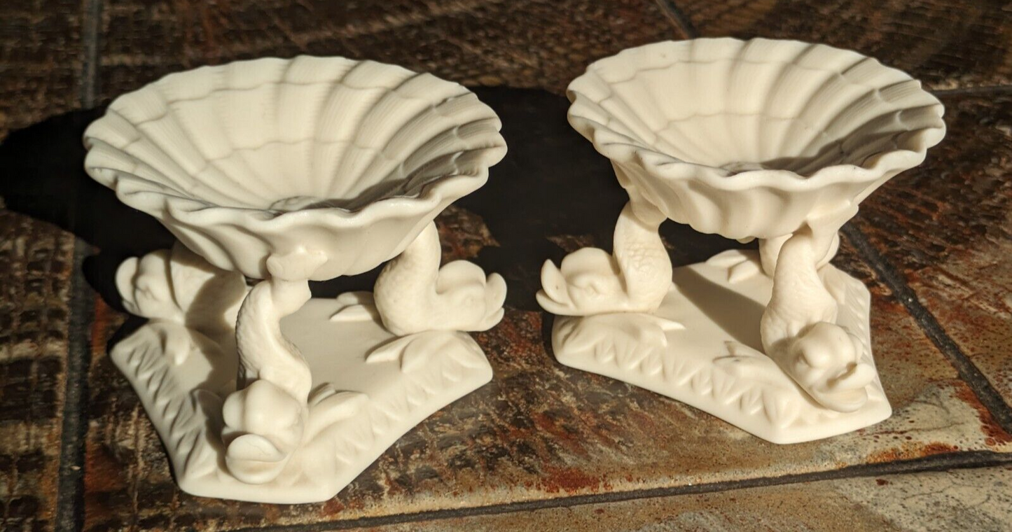 Rare Pair of Copeland 19th Century Parian Porcelain Dolphin Salt Cellars Antique