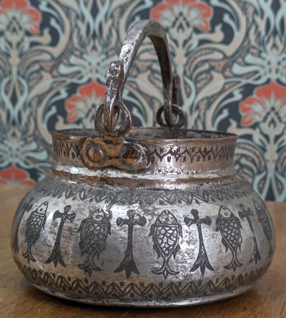 18th Century Ottoman Greek Engraved Fish Christian Tinned Copper Cauldron Pot