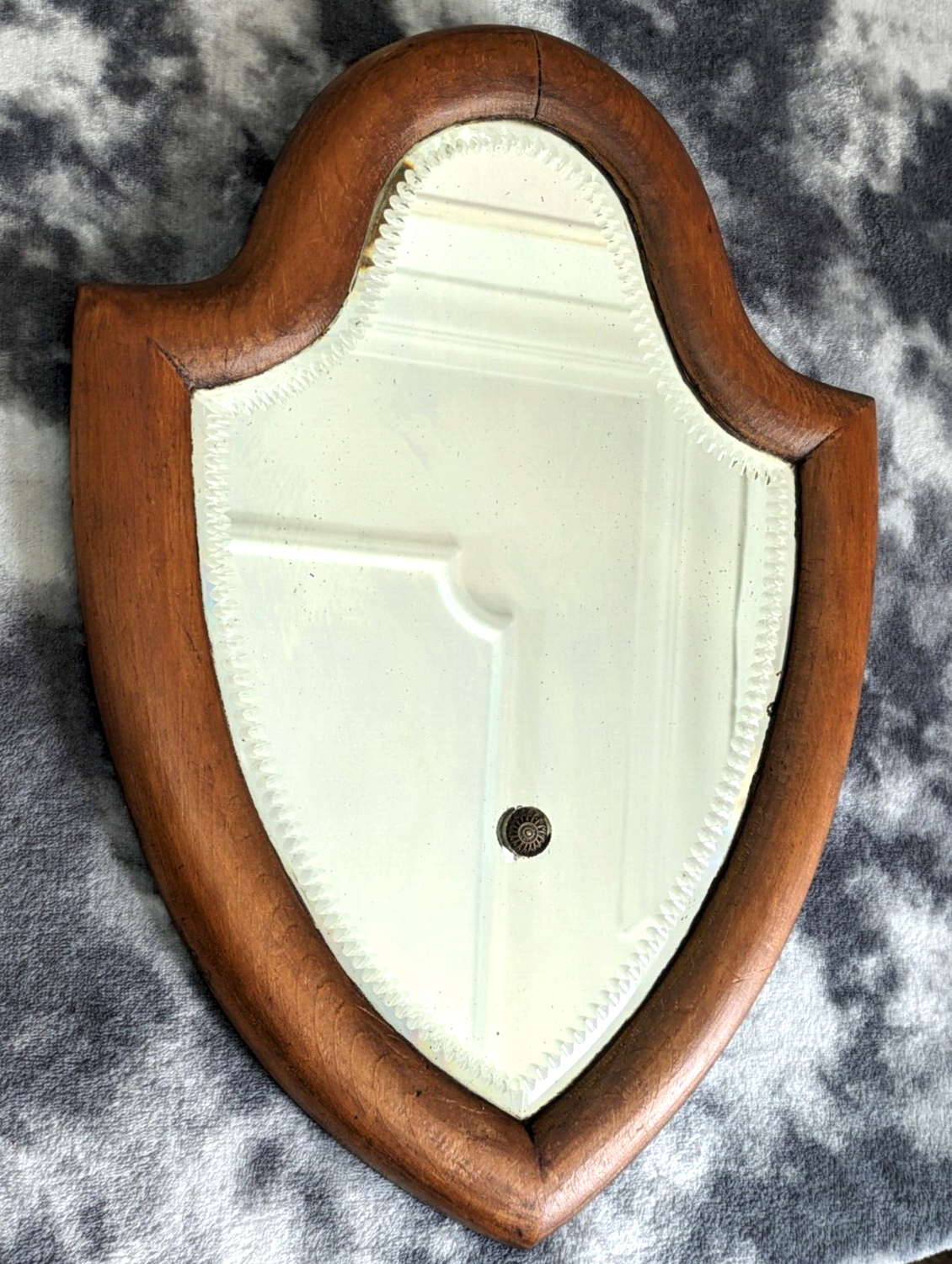 Victorian 19th Century Bevel Edged Faceted Yew Wood Shield Mirror London England