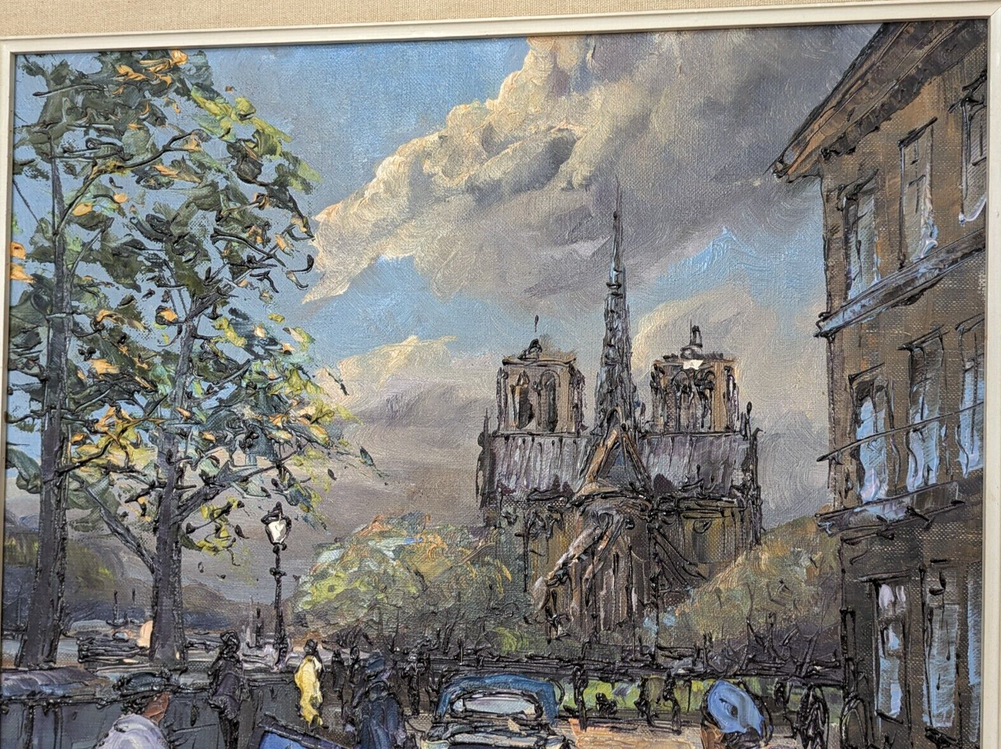 French Vintage 20th Century Paris Cityscape Oil Painting Art Notre Dame H Lang