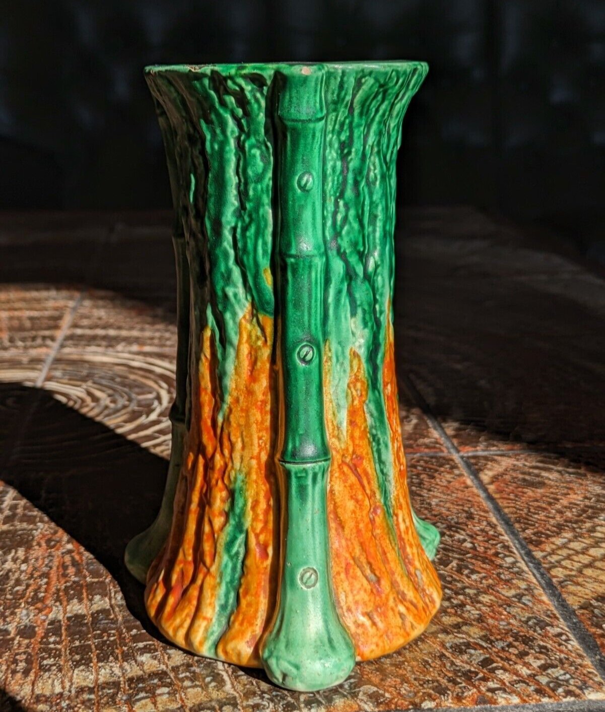 Rare Early 20th Century Antique Bretby Pottery Tree Trunk Vase Orange & Green