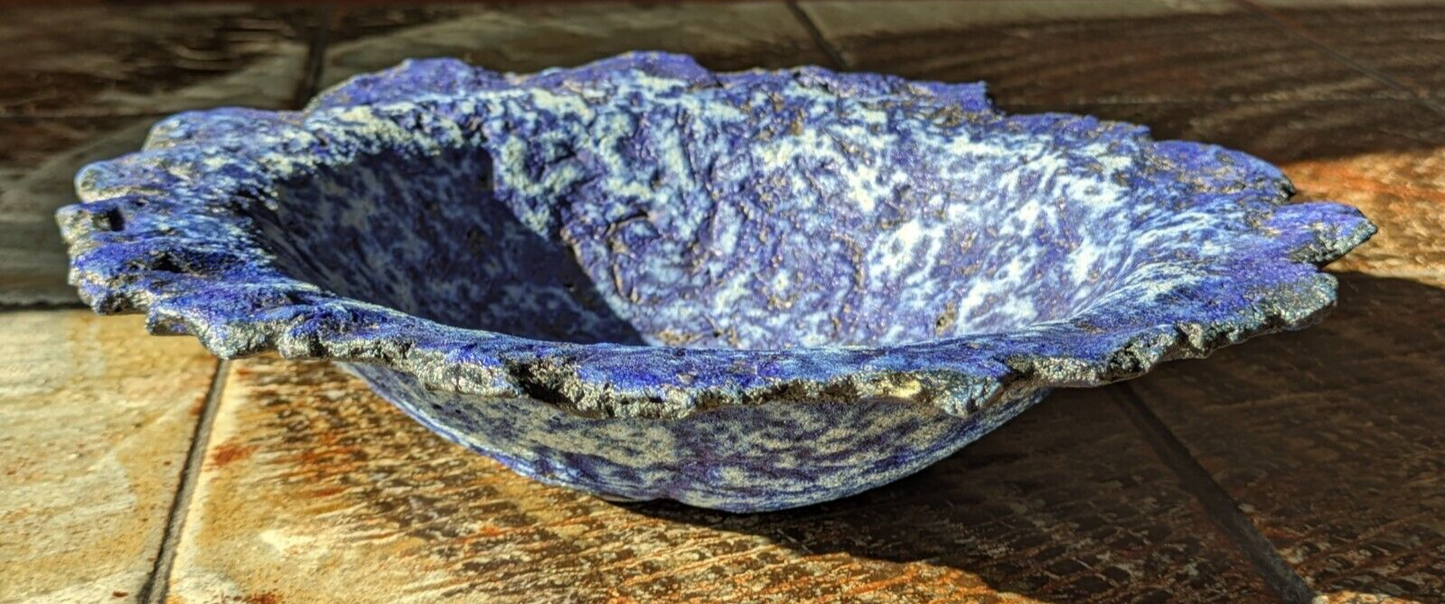 Superb Volcanic Textured Studio Art Pottery Signed Blue Bowl Vintage Lava Glaze