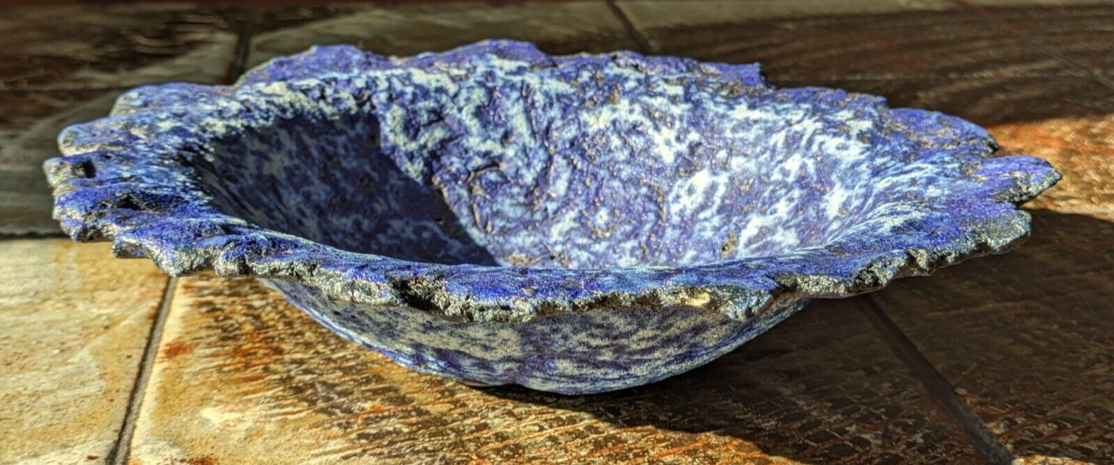 Superb Volcanic Textured Studio Art Pottery Signed Blue Bowl Vintage Lava Glaze