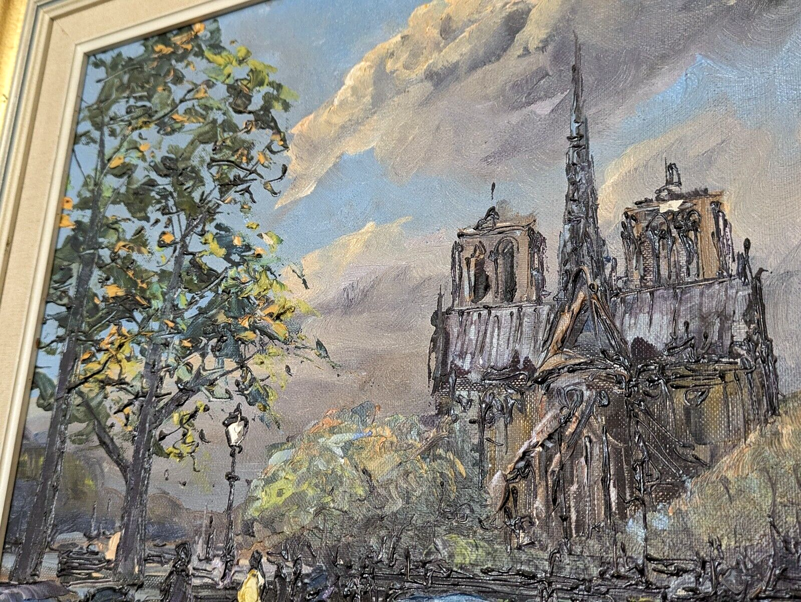 French Vintage 20th Century Paris Cityscape Oil Painting Art Notre Dame H Lang