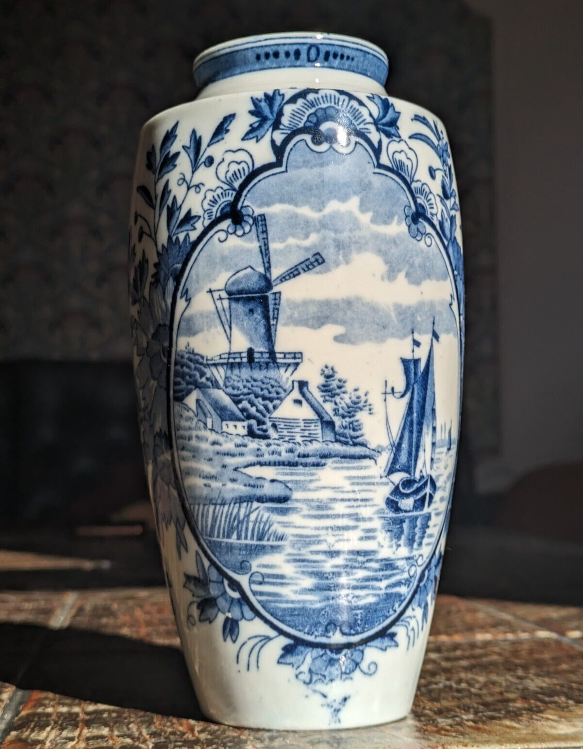 Antique Dutch Delft Ceramic Pottery Blue & White Windmill Ship Vase 18.25 cm