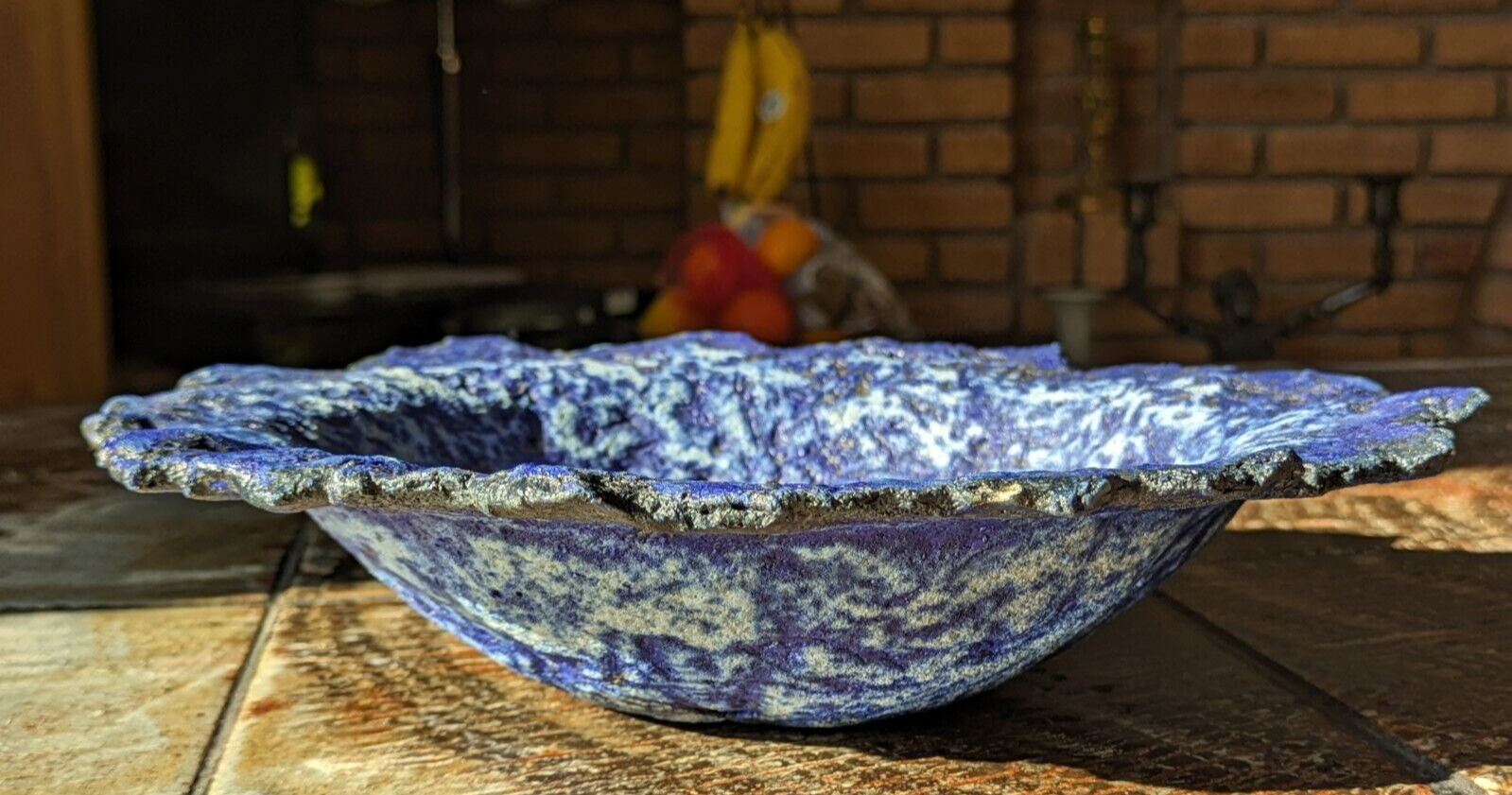 Superb Volcanic Textured Studio Art Pottery Signed Blue Bowl Vintage Lava Glaze