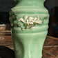 Japanese Seto Celadon Relief Flowers Ceramic Porcelain Vases Pair Antique Meiji