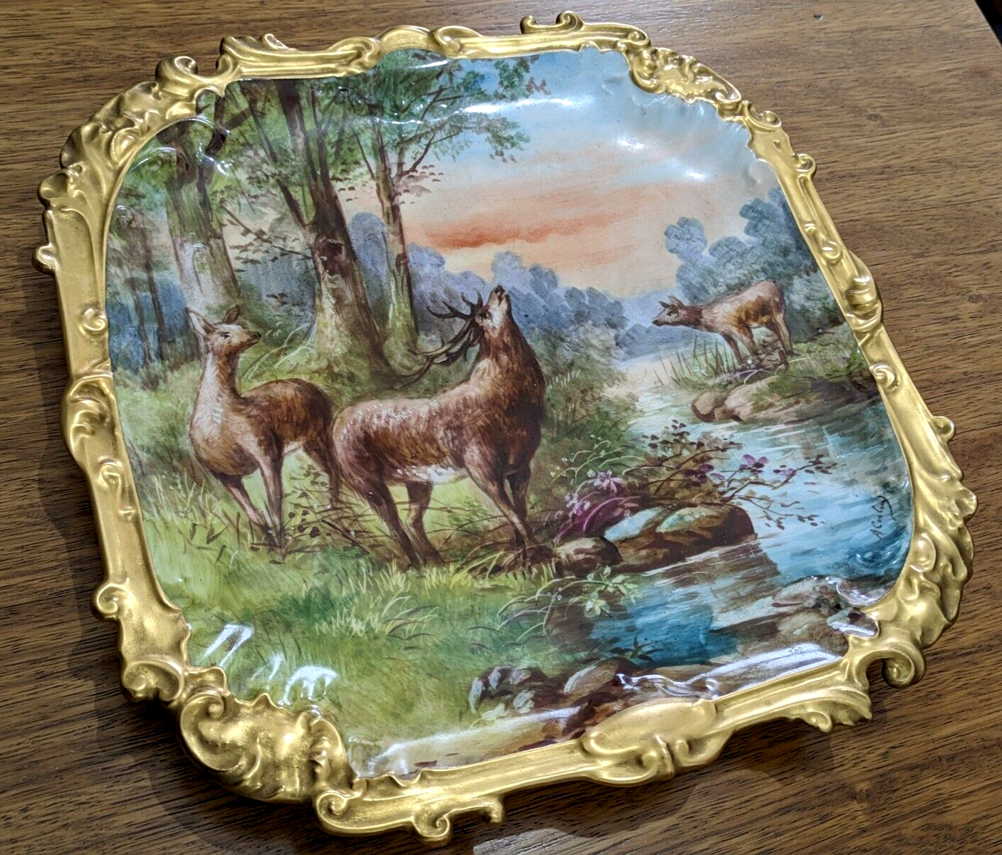 19th Century French Limoges Handpainted Stag Deer Porcelain Wall Plaque Charger