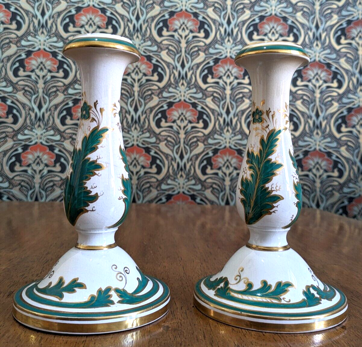 Mid 19th Century Victorian Green White Ceramic Candlestick Holders / Oil Lamps