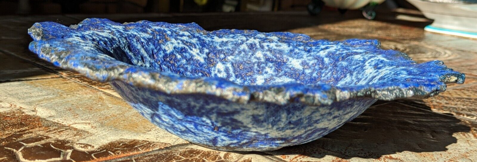 Superb Volcanic Textured Studio Art Pottery Signed Blue Bowl Vintage Lava Glaze