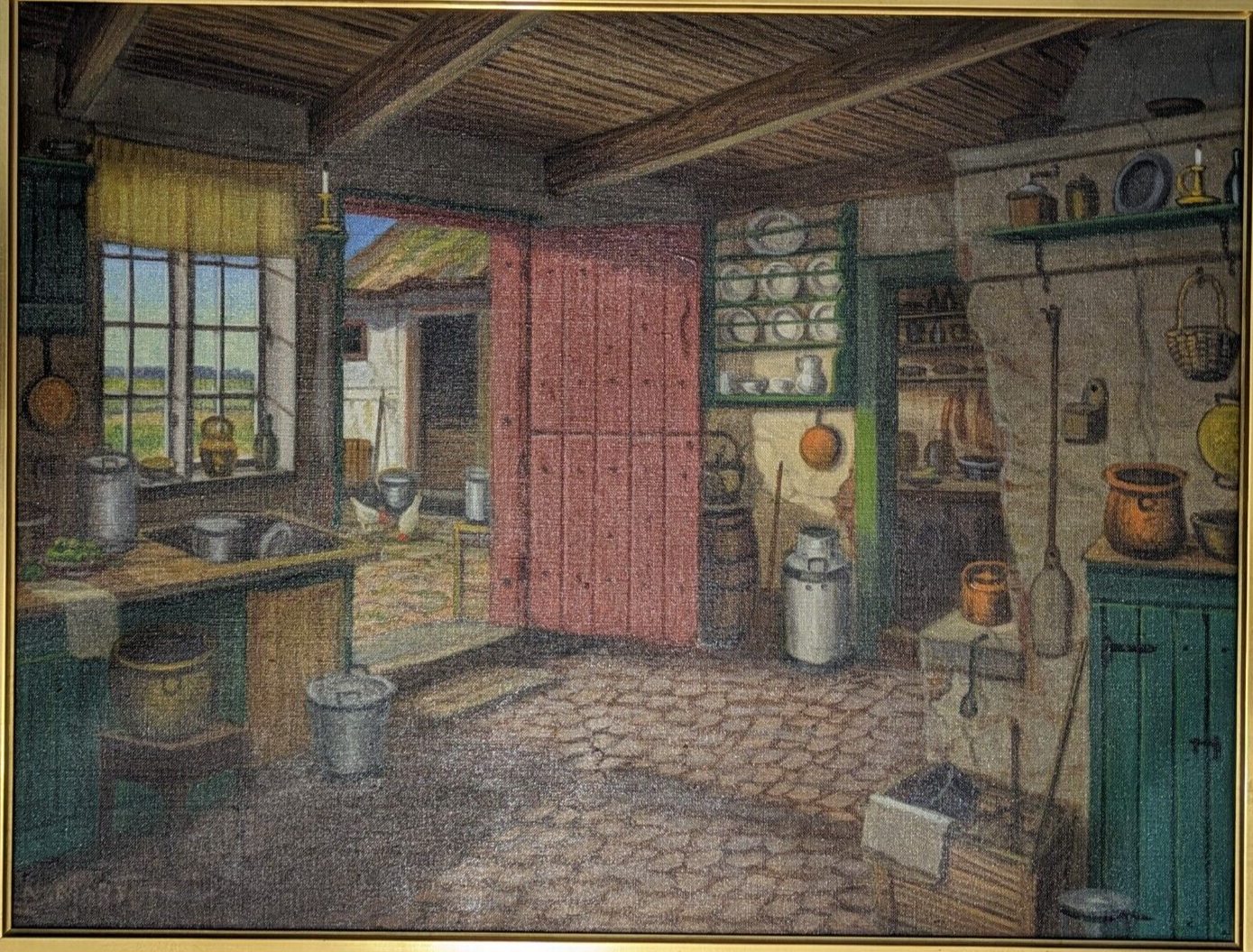 Niels Martoft 1878 Antique 20th Century Danish Oil Painting Farmhouse Interior