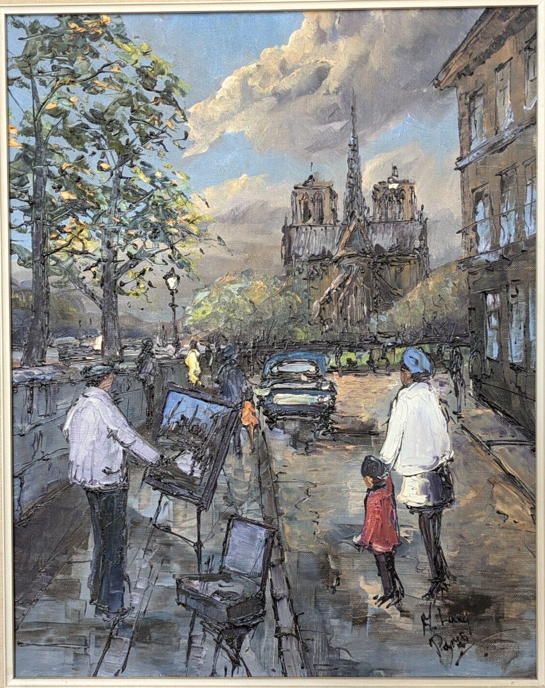 French Vintage 20th Century Paris Cityscape Oil Painting Art Notre Dame H Lang