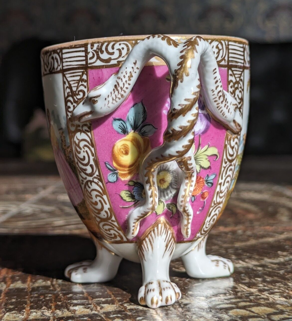 19th Century German Dresden Porcelain Paw Feet Serpent Handle Tea Cup & Saucer