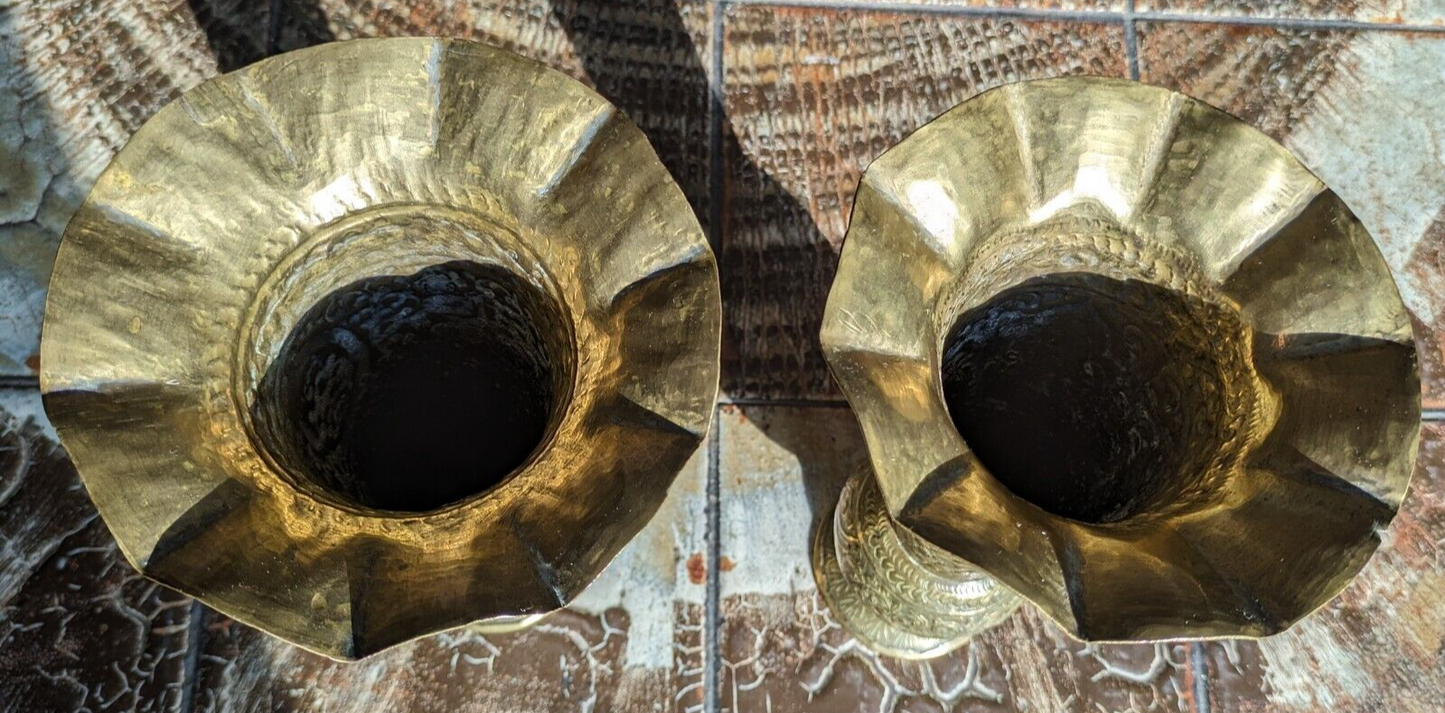 19th Century Pair of Indo Persian Engraved Brass Trumpet Vases Antique 26 cm