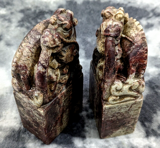 Large Pair of Antique Chinese Fire-breathing Dragon Carved Soapstone Qing Seals