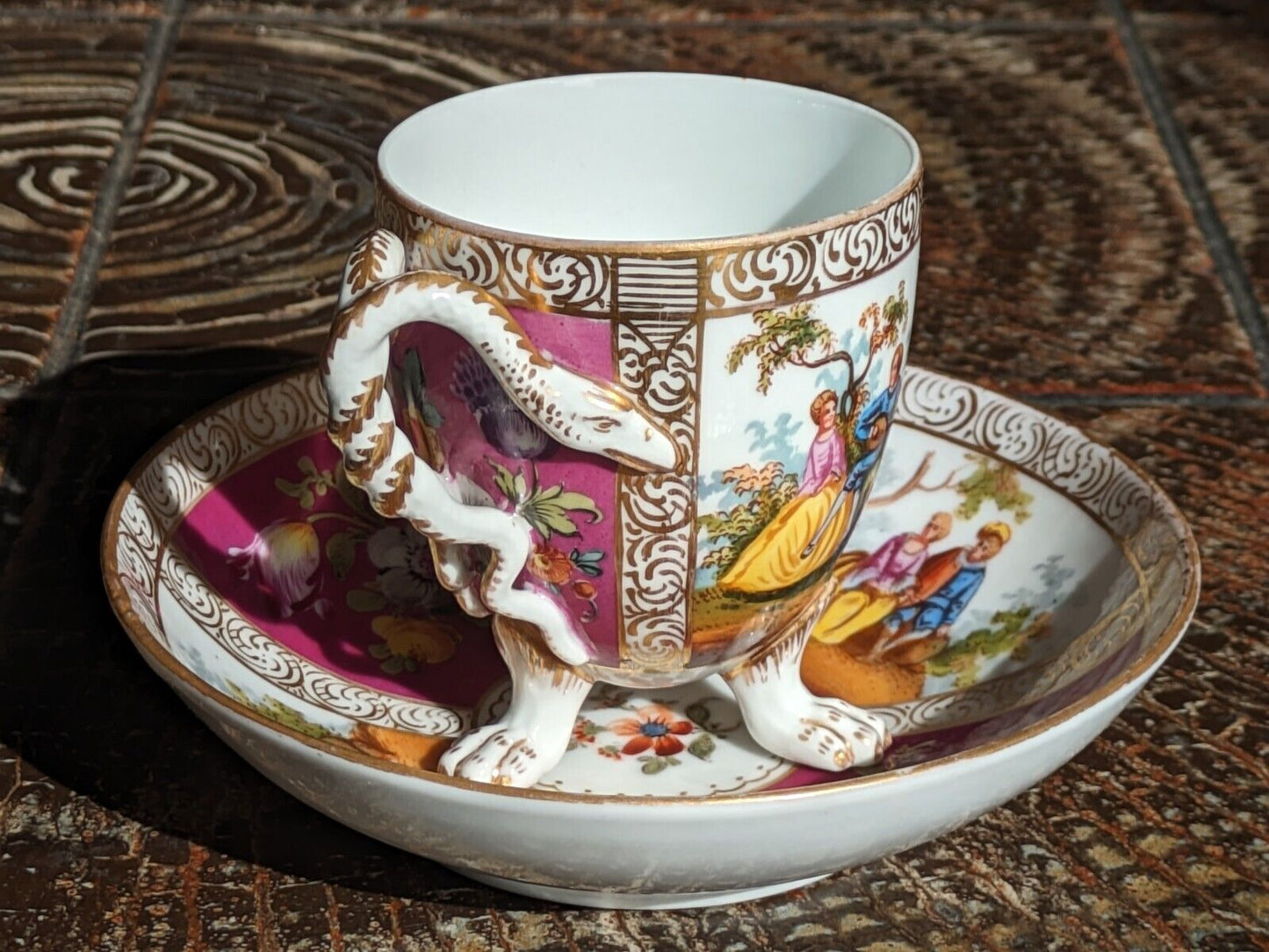 19th Century German Dresden Porcelain Paw Feet Serpent Handle Tea Cup & Saucer