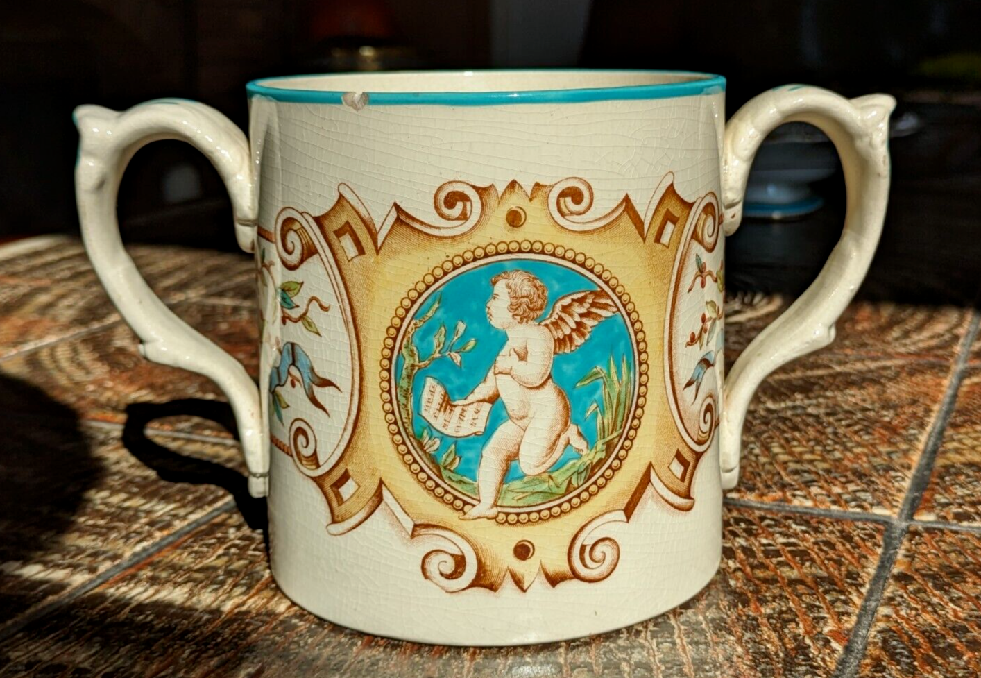 19th Century Victorian Classical Cherub Cupid Ceramic Pottery Antique Loving Cup