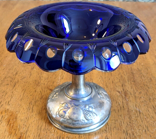 19th Century Bohemian Art Glass Cobalt Cut to Clear Tazza Pedestal Bowl Antique