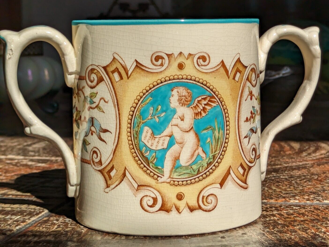 19th Century Victorian Classical Cherub Cupid Ceramic Pottery Antique Loving Cup