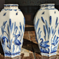 Rare Pair of German Sitzendorf Blue & White Porcelain Ceramic Insects Bird Vases