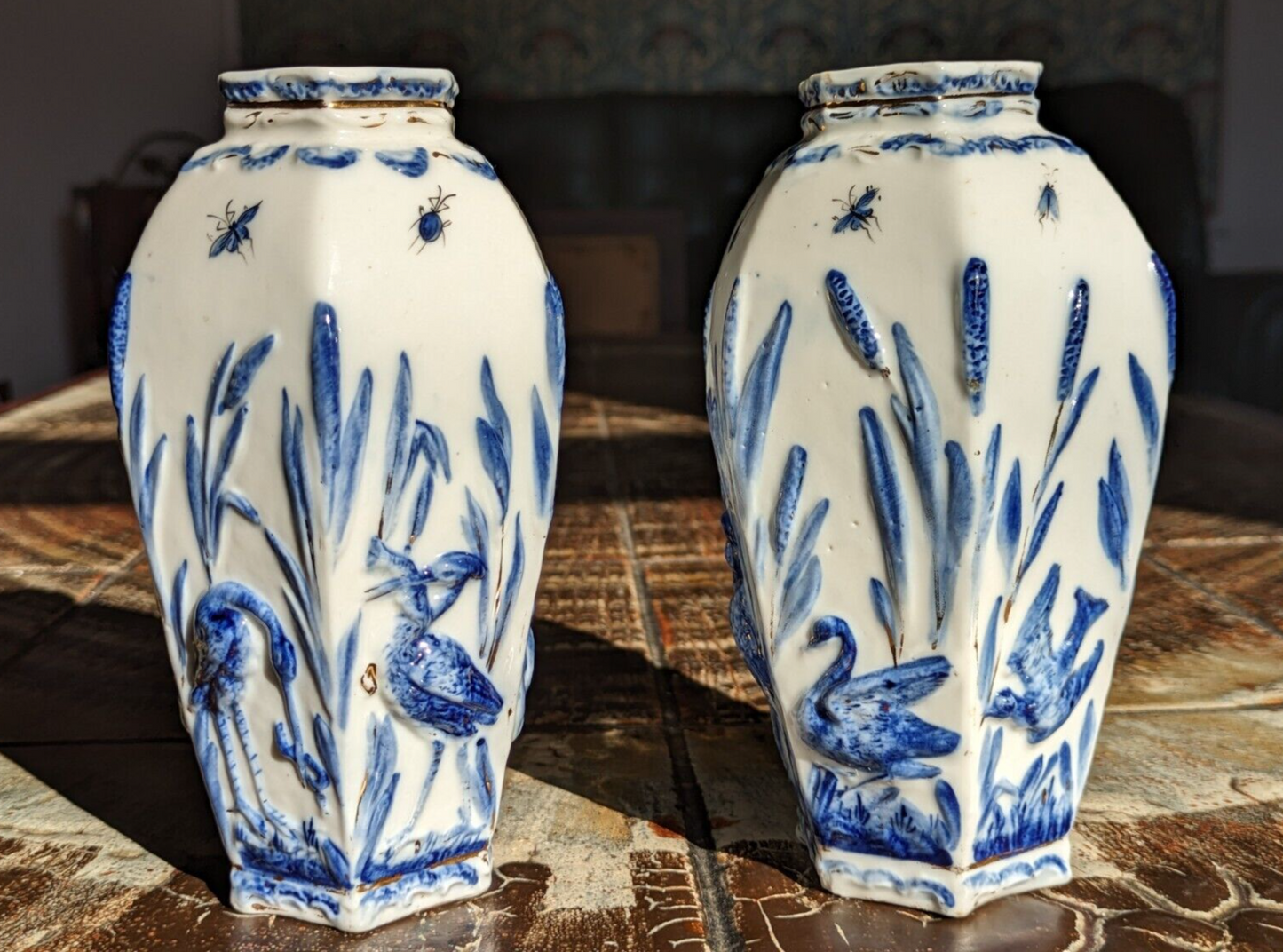 Rare Pair of German Sitzendorf Blue & White Porcelain Ceramic Insects Bird Vases