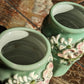 Japanese Seto Celadon Relief Flowers Ceramic Porcelain Vases Pair Antique Meiji