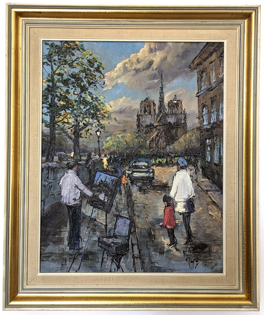 French Vintage 20th Century Paris Cityscape Oil Painting Art Notre Dame H Lang