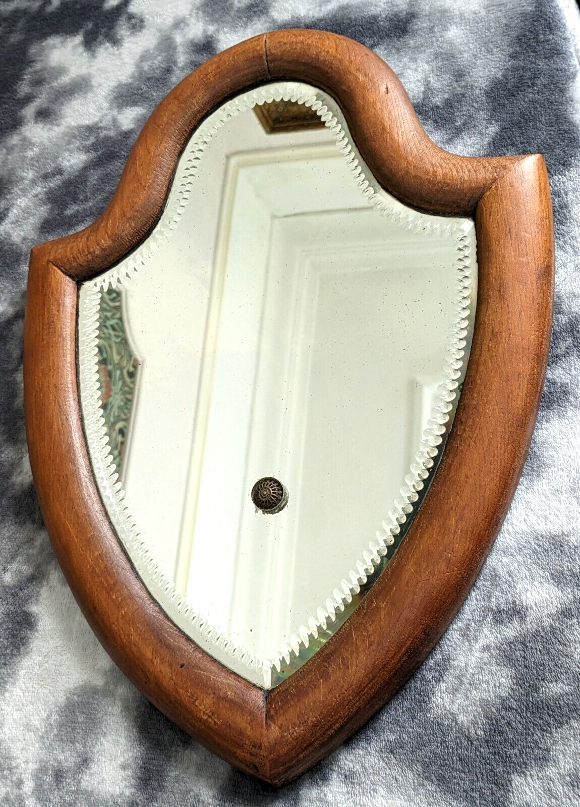 Victorian 19th Century Bevel Edged Faceted Yew Wood Shield Mirror London England