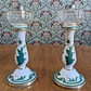 Mid 19th Century Victorian Green White Ceramic Candlestick Holders / Oil Lamps