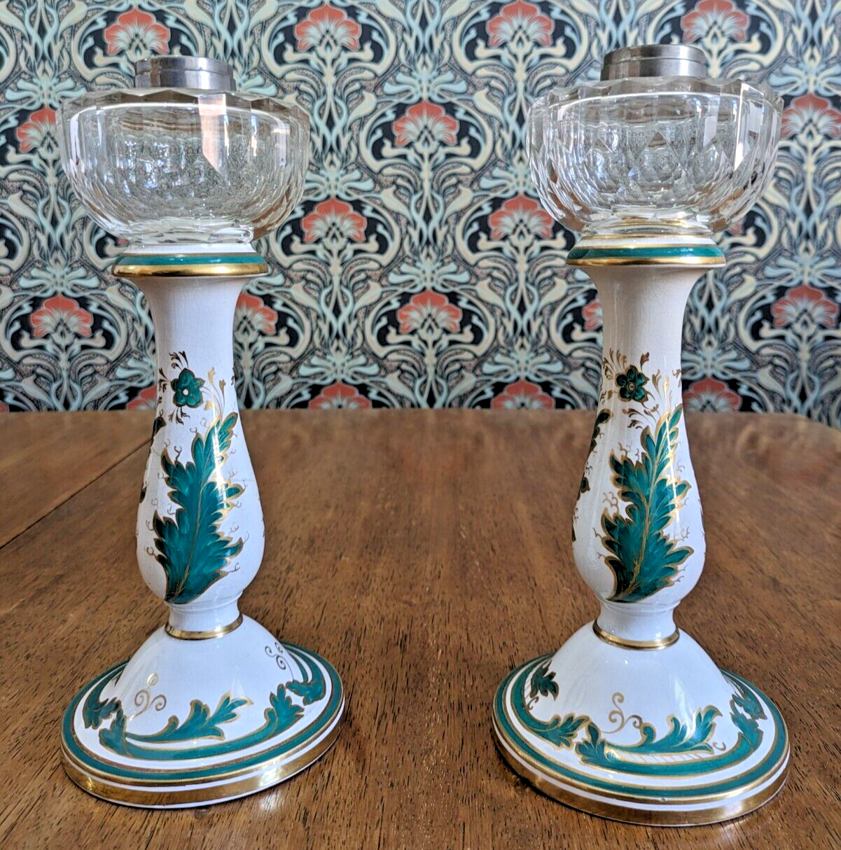 Mid 19th Century Victorian Green White Ceramic Candlestick Holders / Oil Lamps