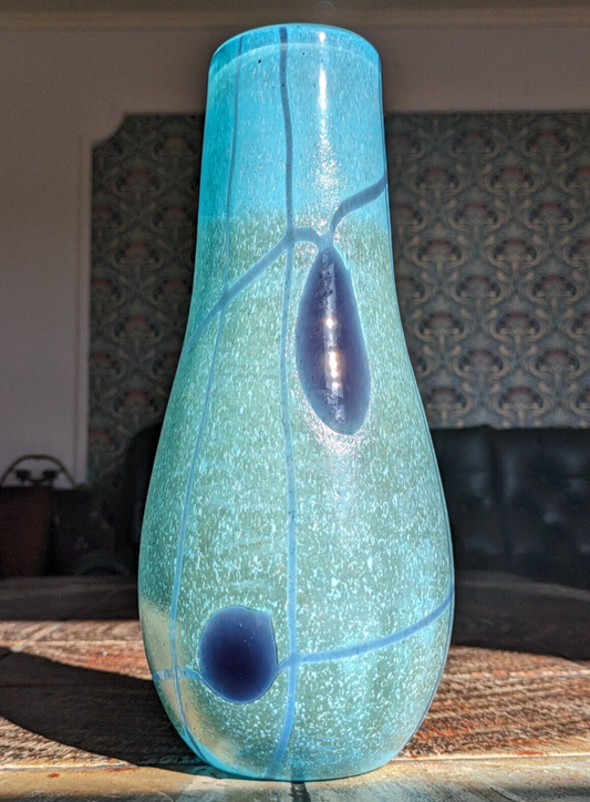 Large 20th Century Vintage Thick Art Glass Vase Speckled Blue 31 cm