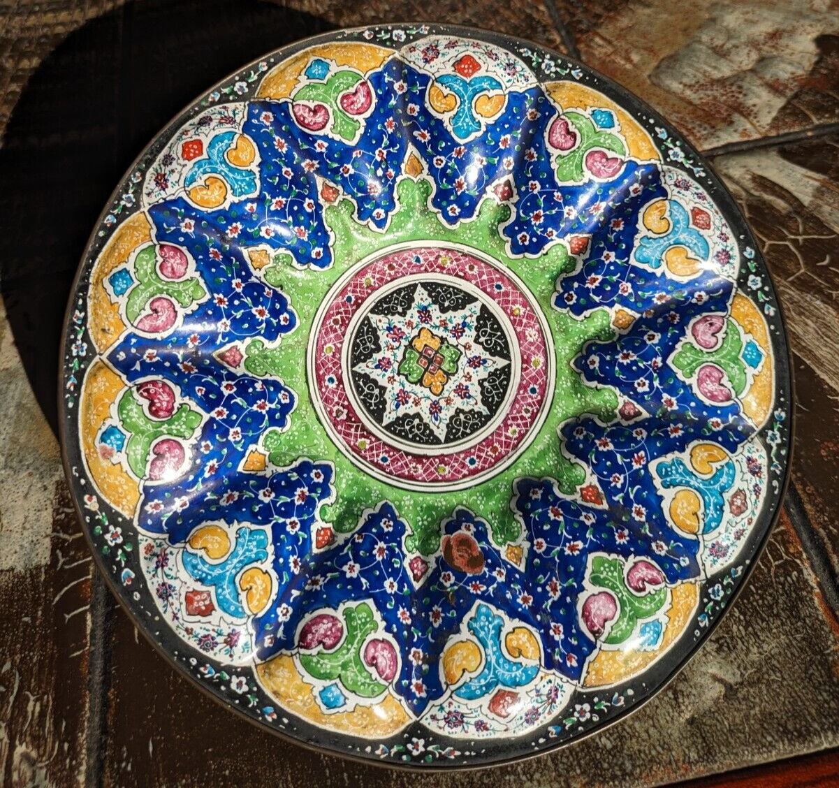 Persian 1900s Minakari Enamel on Copper Qajar Dynasty Antique Plate Dish