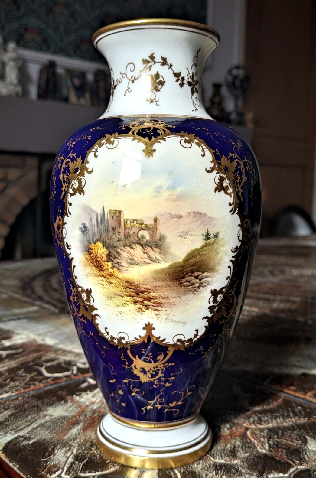 19th 20th Century Coalport England Cobalt Ceramic Porcelain Ruins Landscape Vase