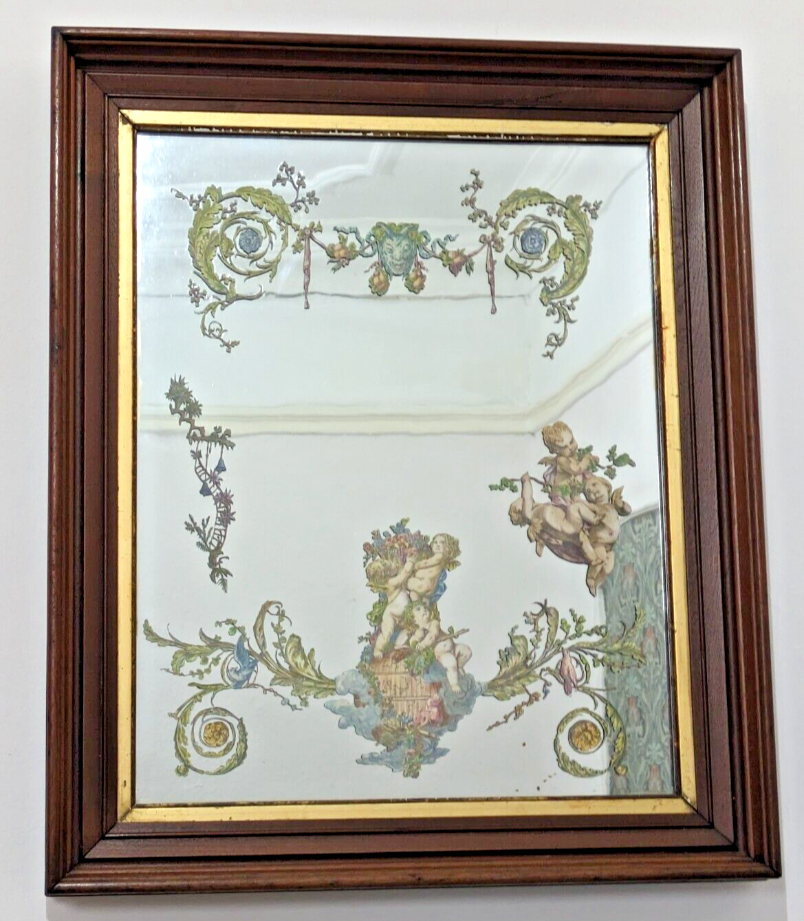 Rare 19th Century French Rococo Reverse Decoupage Mirror Cherub Faun Antique