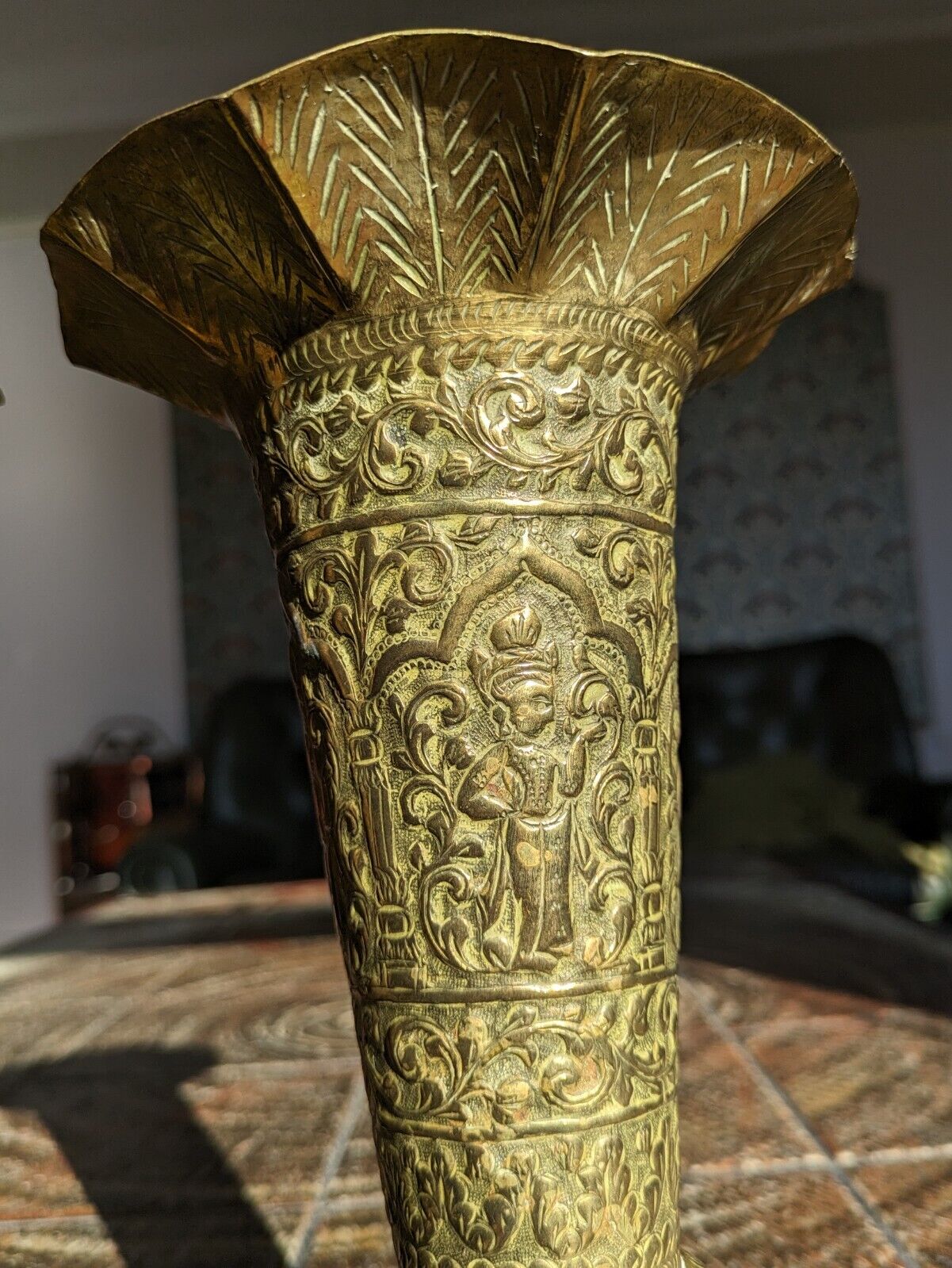 19th Century Pair of Indo Persian Engraved Brass Trumpet Vases Antique 26 cm