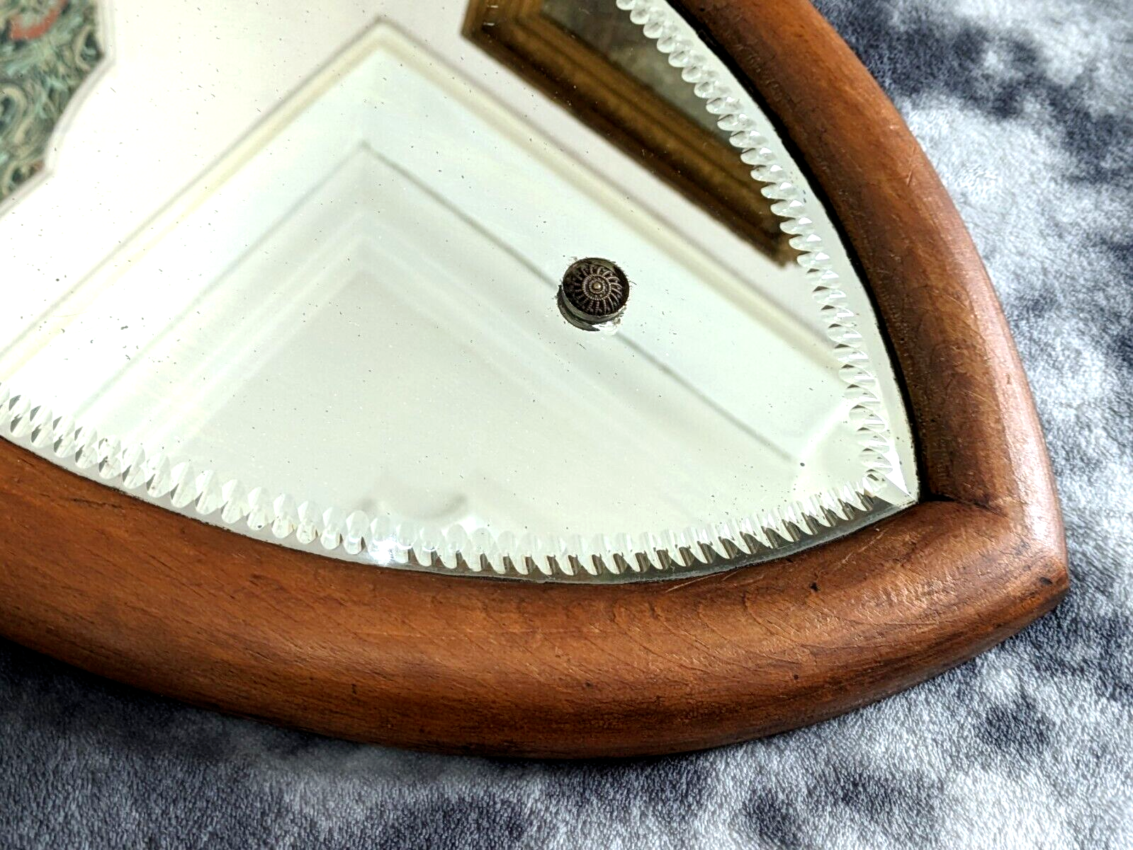 Victorian 19th Century Bevel Edged Faceted Yew Wood Shield Mirror London England