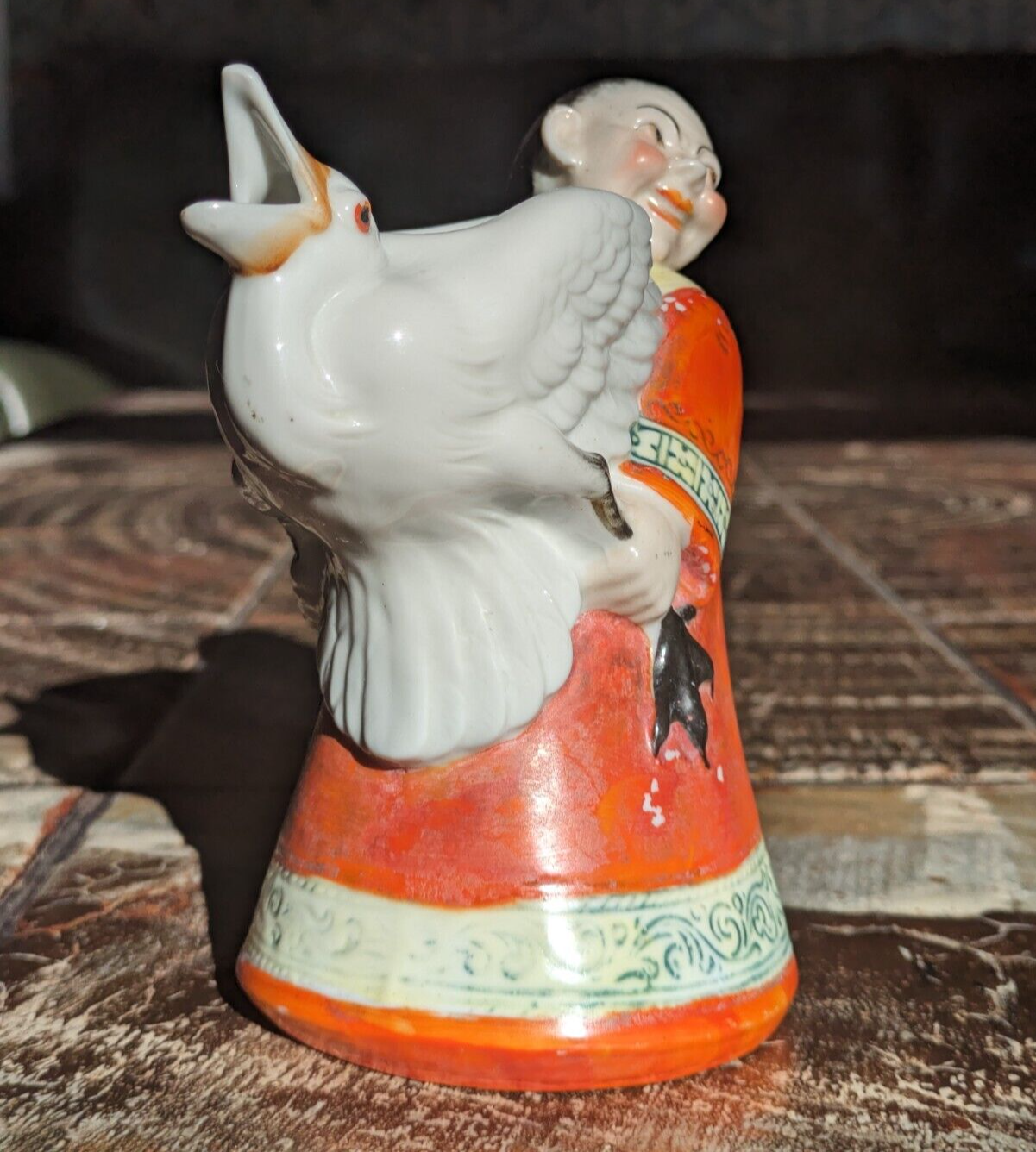 Antique 1900s Shafer Vater German Porcelain Asian Man Crane Novelty Creamer Jug