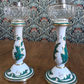 Mid 19th Century Victorian Green White Ceramic Candlestick Holders / Oil Lamps