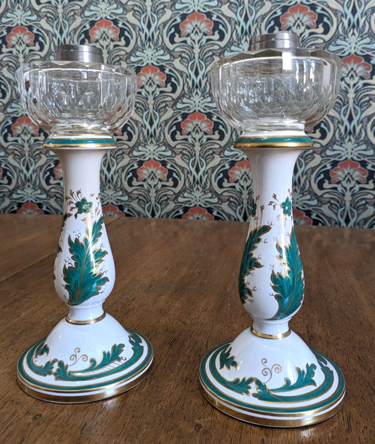 Mid 19th Century Victorian Green White Ceramic Candlestick Holders / Oil Lamps