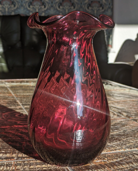 Vintage Dartington Crystal Cranberry Ruby Red Fluted Ruffled Glass Vase 20.5 cm